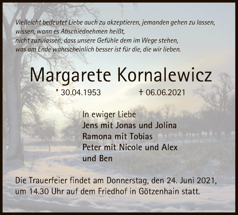  Traueranzeige für Margarete Kornalewicz vom 19.06.2021 aus OF