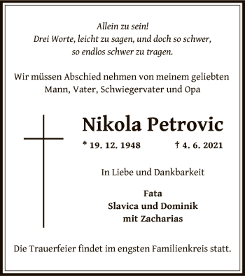 Traueranzeige von Nikola Petrovic von OF