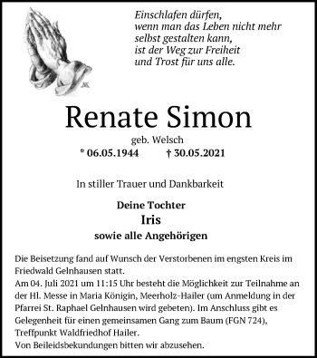 Traueranzeige von Renate Simon von OF