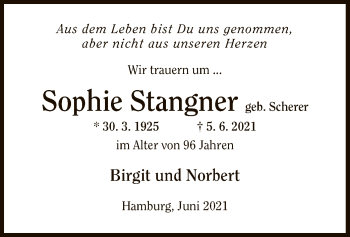 Traueranzeige von Sophie Stangner von OF