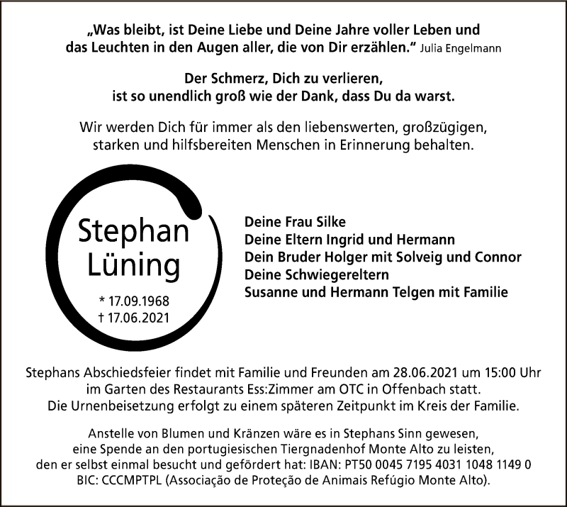  Traueranzeige für Stephan Lüning vom 23.06.2021 aus OF
