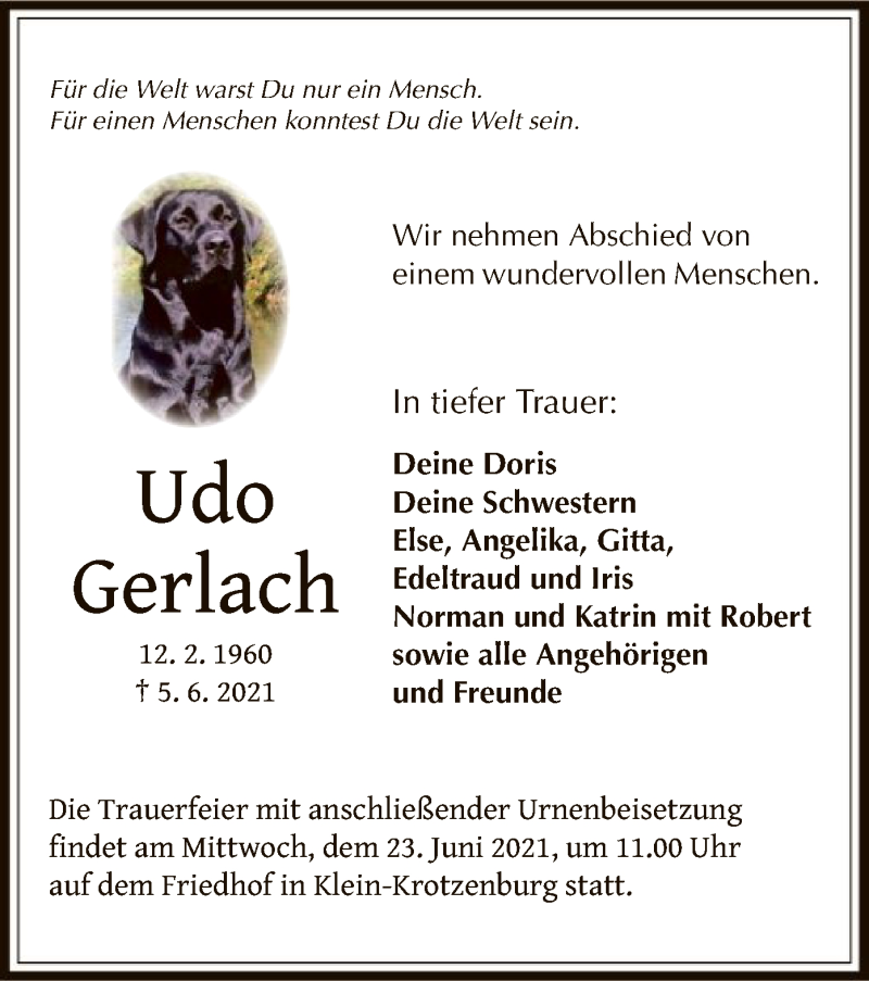  Traueranzeige für Udo Gerlach vom 16.06.2021 aus OF