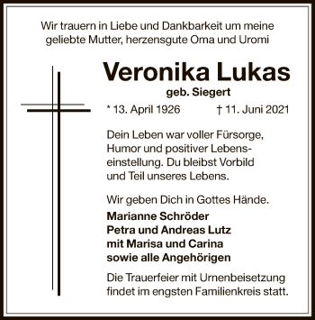 Traueranzeige von Veronika Lukas von OF