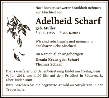 Traueranzeige von Adelheid Scharf von OF