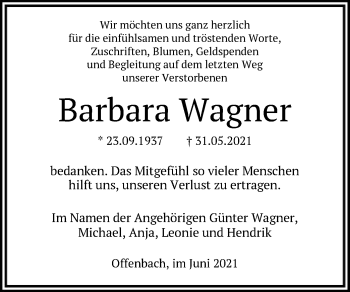 Traueranzeige von Barbara Wagner von OF