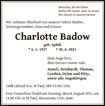 Traueranzeige von Charlotte Badow von OF