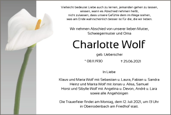 Traueranzeige von Charlotte Wolf von OF