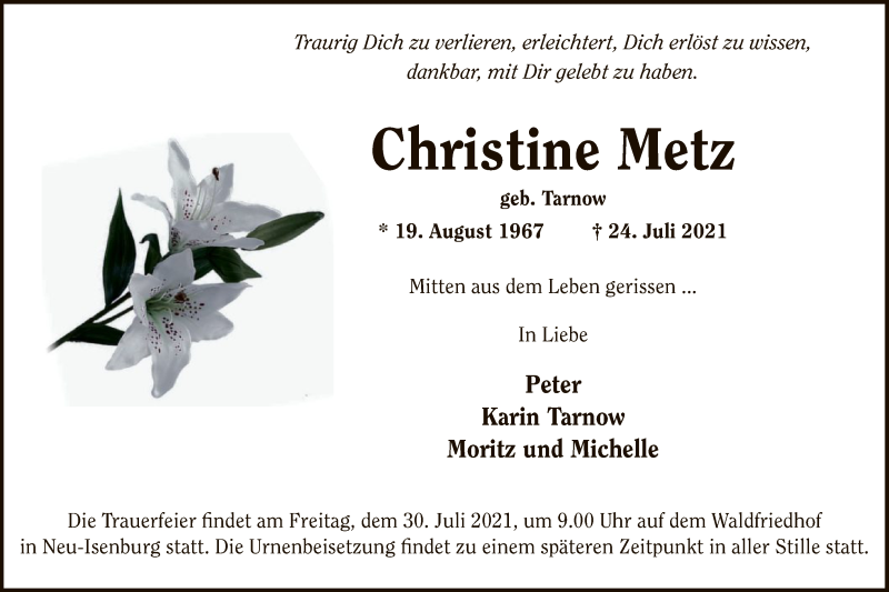  Traueranzeige für Christine Metz vom 29.07.2021 aus OF