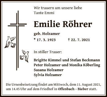 Traueranzeige von Emilie Röhrer von OF