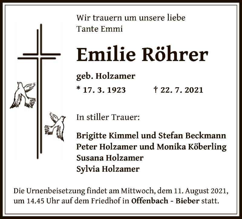  Traueranzeige für Emilie Röhrer vom 31.07.2021 aus OF