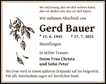 Traueranzeige von Gerd Bauer von OF