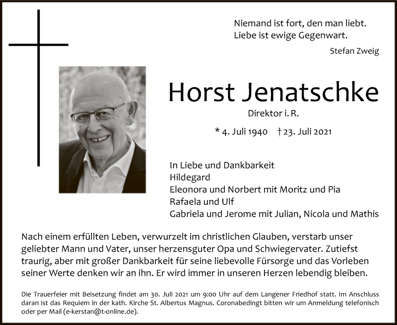  Traueranzeige für Horst Jenatschke vom 29.07.2021 aus OF