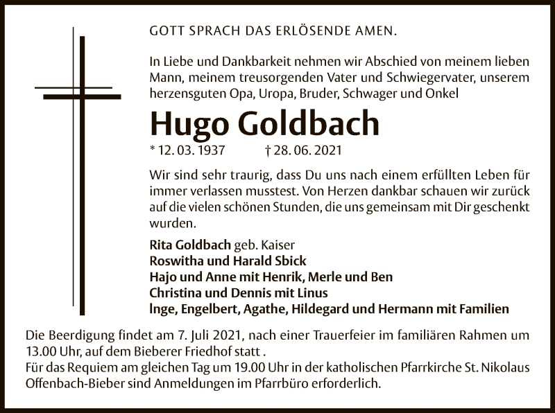  Traueranzeige für Hugo Goldbach vom 03.07.2021 aus OF