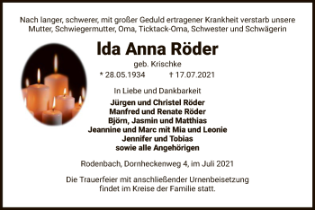 Traueranzeige von Ida Anna Röder von OF