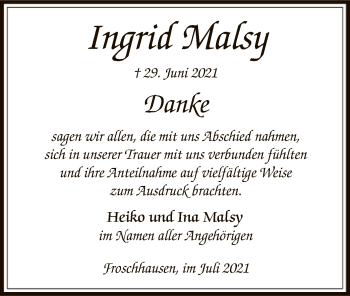 Traueranzeige von Ingrid Malsy von OF