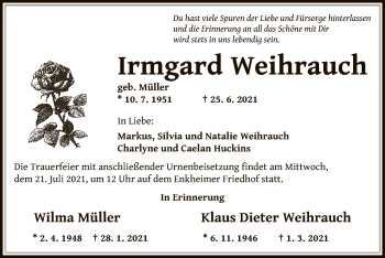 Traueranzeige von Irmgard, Wilma und Klaus Dieter  von OF