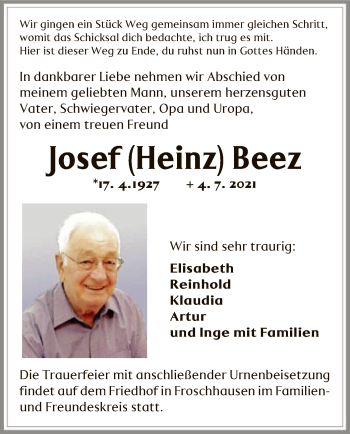 Traueranzeige von Josef Beez von OF