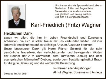 Traueranzeige von Karl-Friedrich Wagner von OF