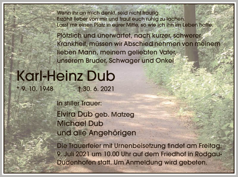  Traueranzeige für Karl-Heinz Dub vom 07.07.2021 aus OF