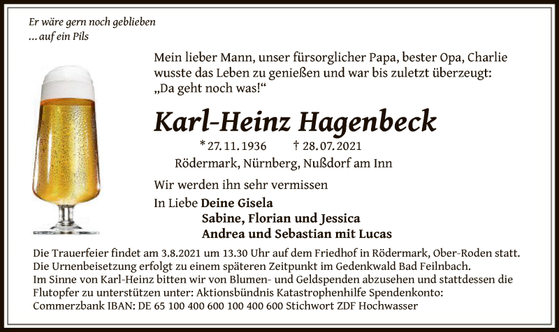  Traueranzeige für Karl-Heinz Hagenbeck vom 31.07.2021 aus OF