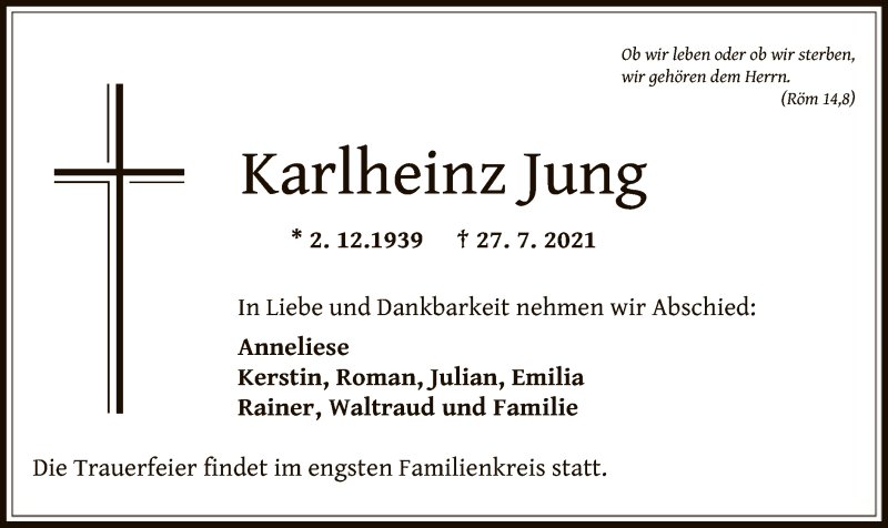  Traueranzeige für Karlheinz Jung vom 31.07.2021 aus OF