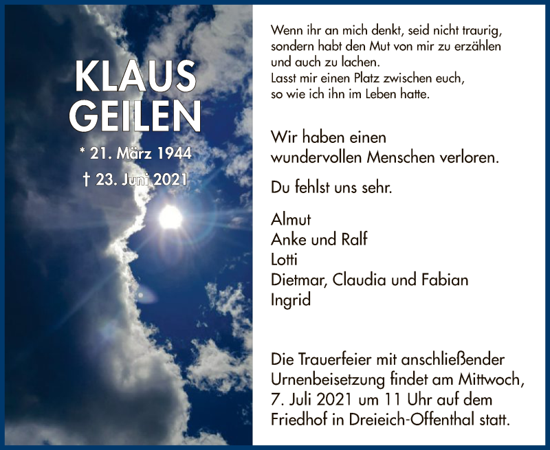  Traueranzeige für Klaus Geilen vom 03.07.2021 aus OF