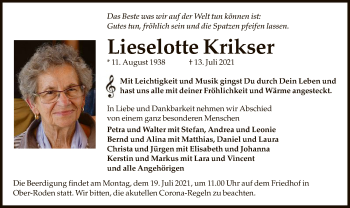 Traueranzeige von Lieselotte Krikser von OF