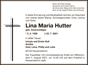 Traueranzeige von Lina Maria Hutter von OF