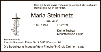 Traueranzeige von Maria Steinmetz von OF