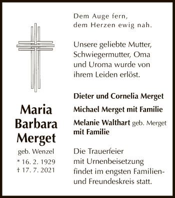 Traueranzeige von Maria Barbara Merget von OF