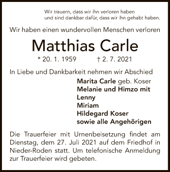 Traueranzeige von Matthias Carle von OF