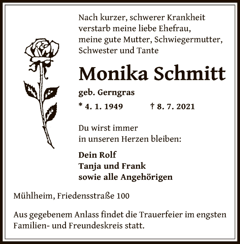  Traueranzeige für Monika Schmitt vom 17.07.2021 aus OF