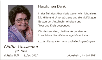 Traueranzeige von Ottilie Gossmann von OF