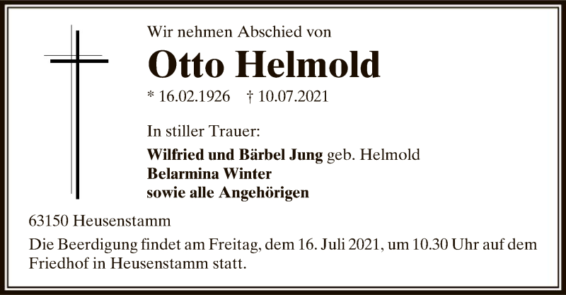 Traueranzeige für Otto Helmold vom 14.07.2021 aus OF