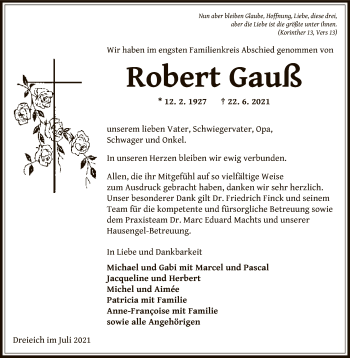 Traueranzeige von Robert Gauß von OF