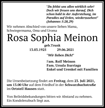 Traueranzeige von Rosa Sophia Meinon von OF