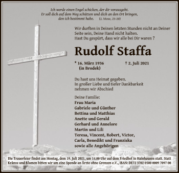 Traueranzeige von Rudolf Staffa von OF