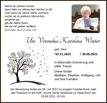 Traueranzeige von Ute Veronika Karolina Winter von OF