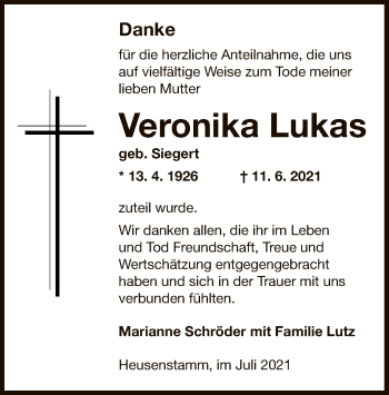 Traueranzeige von Veronika Lukas von OF