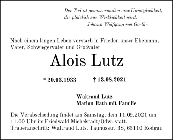 Traueranzeige von Alois Lutz von OF