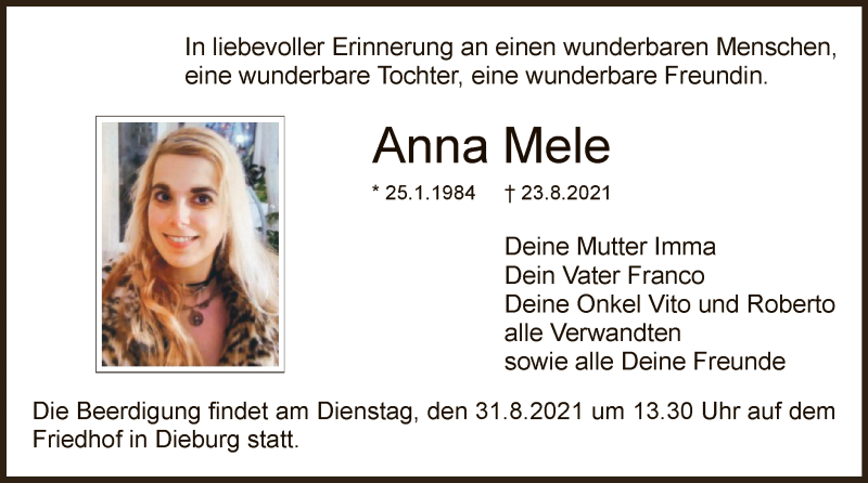  Traueranzeige für Anna Mele vom 28.08.2021 aus OF