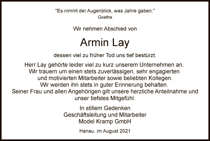  Traueranzeige für Armin Lay vom 14.08.2021 aus OF