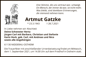 Traueranzeige von Artmut Gatzke von OF