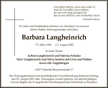 Traueranzeige von Barbara Langheinrich von OF