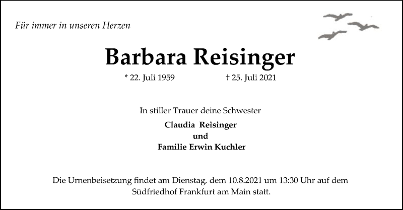  Traueranzeige für Barbara Reisinger vom 07.08.2021 aus OF