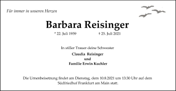 Traueranzeige von Barbara Reisinger von OF