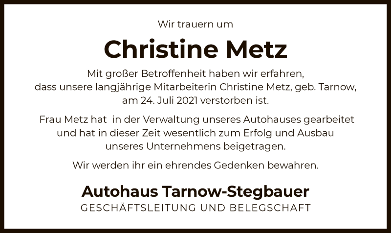  Traueranzeige für Christine Metz vom 05.08.2021 aus OF