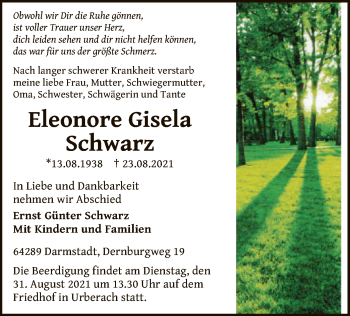 Traueranzeige von Eleonore Gisela Schwarz von OF