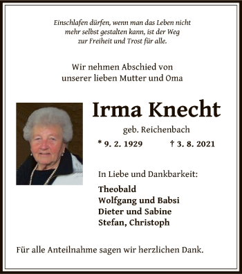 Traueranzeige von Irma Knecht von OF