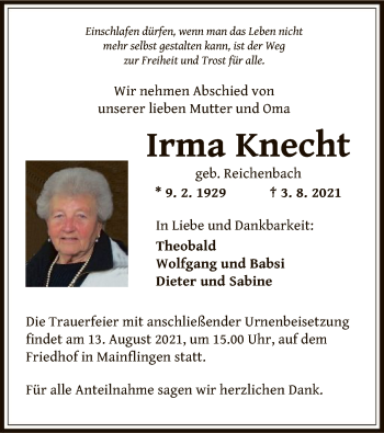 Traueranzeige von Irma Knecht von OF